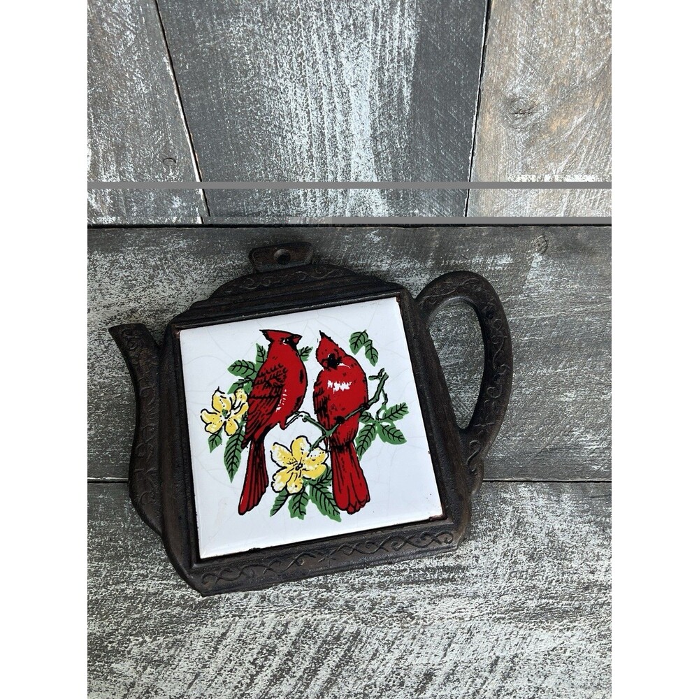 Cast Iron & Ceramic Tile Trivet Or Wall Decor  Hand Painted Cardinal Vintage